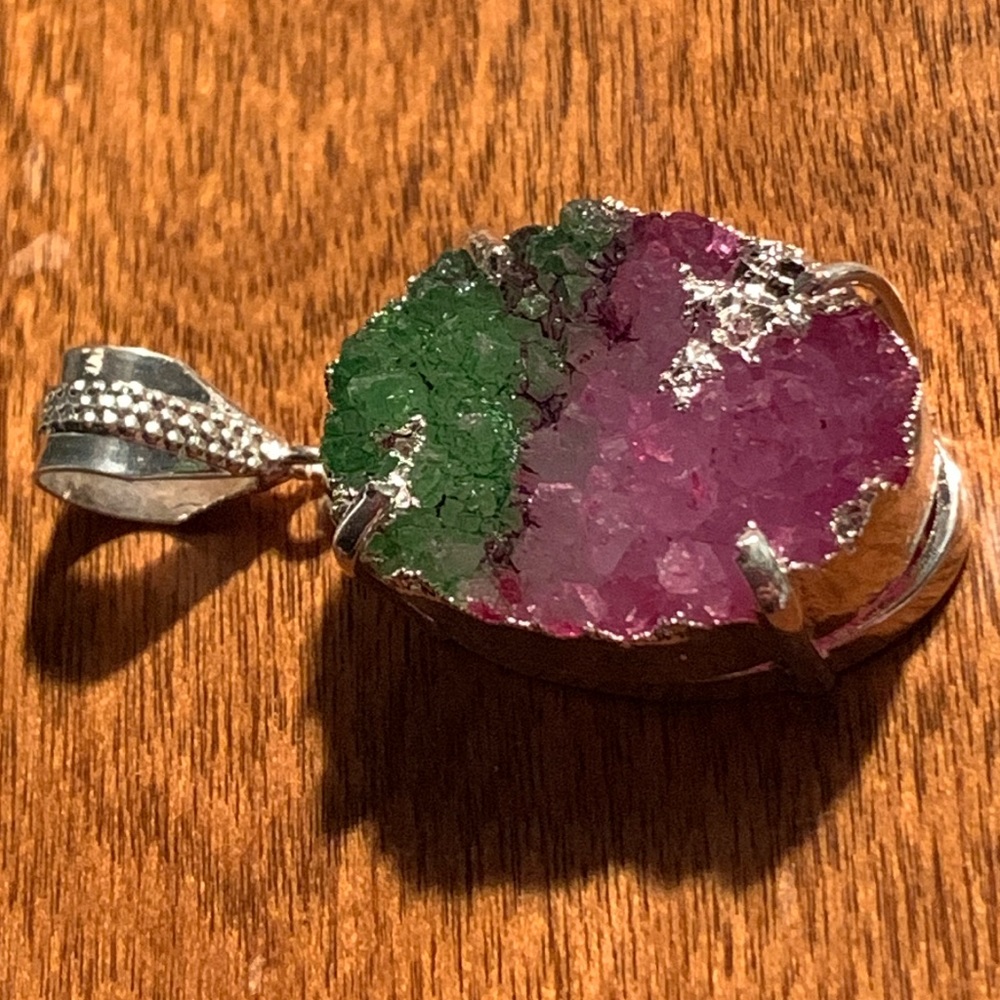Green and pink natural Druzy healing crystal pendant